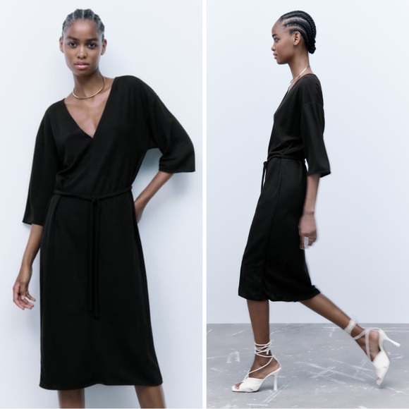 Zara dress with belt 🖤 midi length v neck kimono sleeve straight cut 🖤 black L - Picture 2 of 16